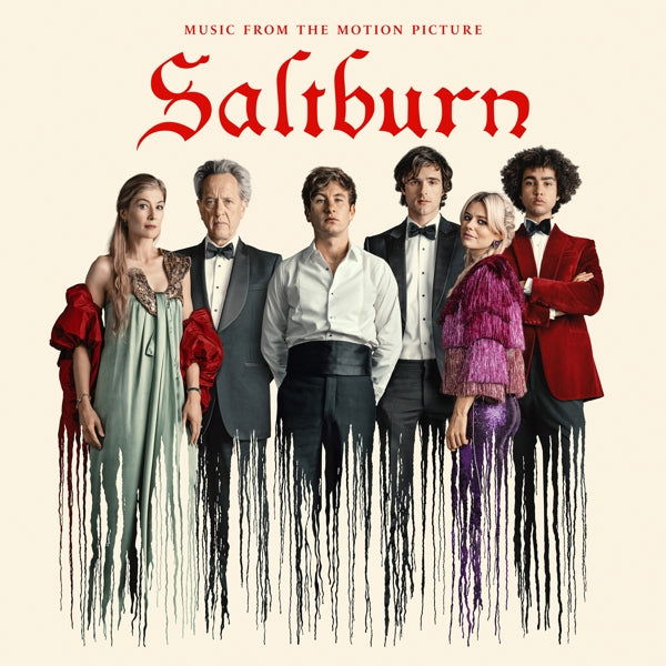 Saltburn soundtrack cover featuring six formally dressed actors with dripping paint.