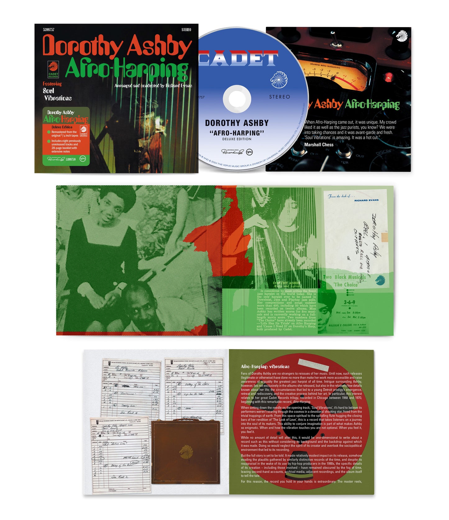 CD packaging for Dorothy Ashby’s “Afro Harping Deluxe” album, featuring green foliage.