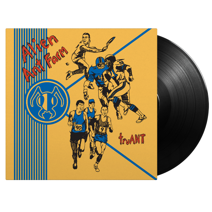Vinyl record with yellow cover featuring blue illustrations of athletes and an ant logo.
