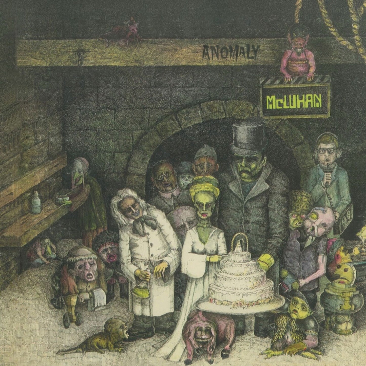Surreal illustration of figures gathered in a stone archway, album cover.