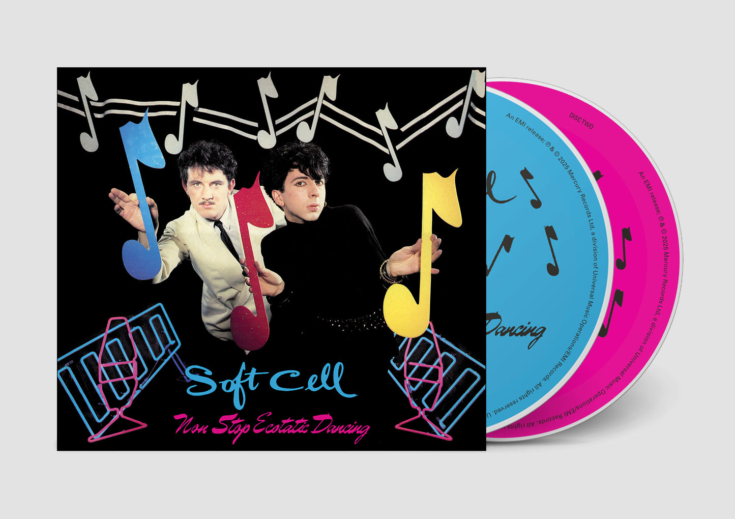 Soft Cell album cover featuring the duo with colorful musical notes and two CDs.