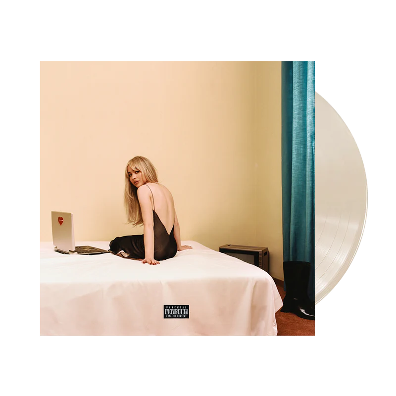Sabrina Carpenter album cover featuring a woman with a laptop, vinyl record.