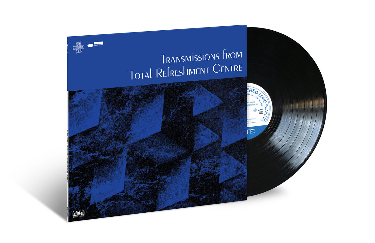 Blue vinyl record with white text: "Transmissions from Total Refreshment Centre.