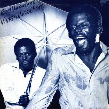 Two men in white shirts under an umbrella on a blue-toned album cover.