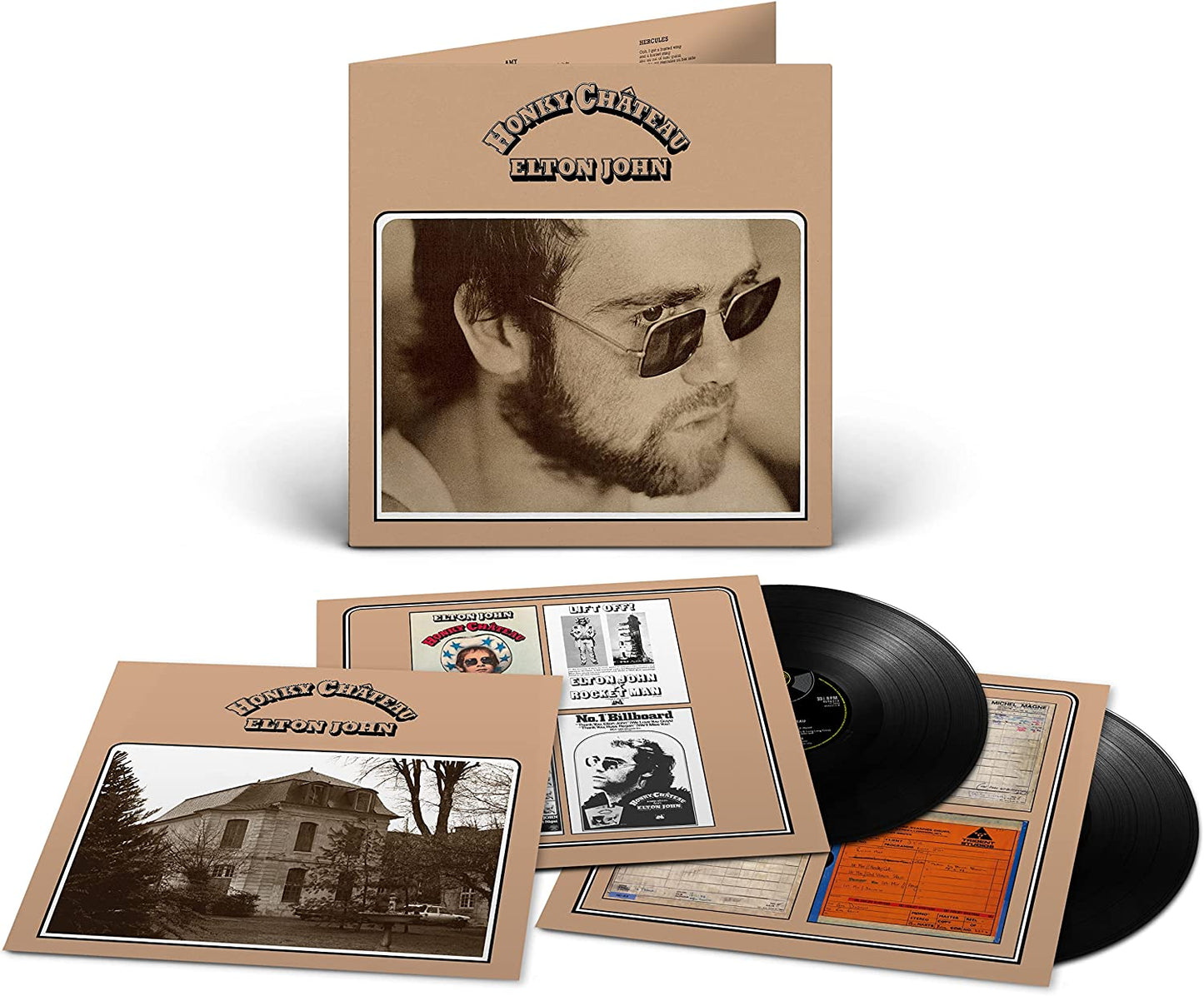 Elton John’s “Honky Château” 2LP vinyl record with album artwork and inserts.