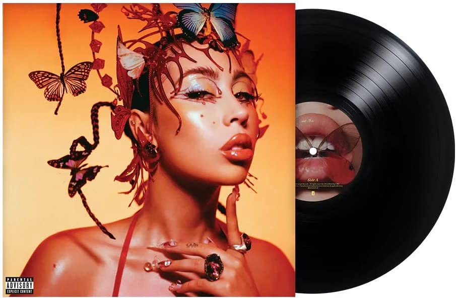 Kali Uchis album cover with butterflies, and a black vinyl record.
