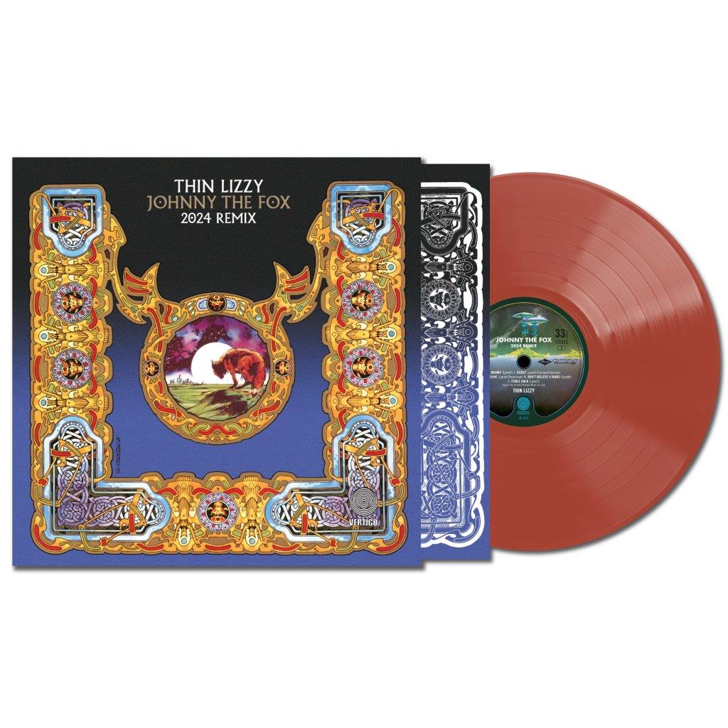 Thin Lizzy Johnny The Fox vinyl record and album cover with ornate gold borders.