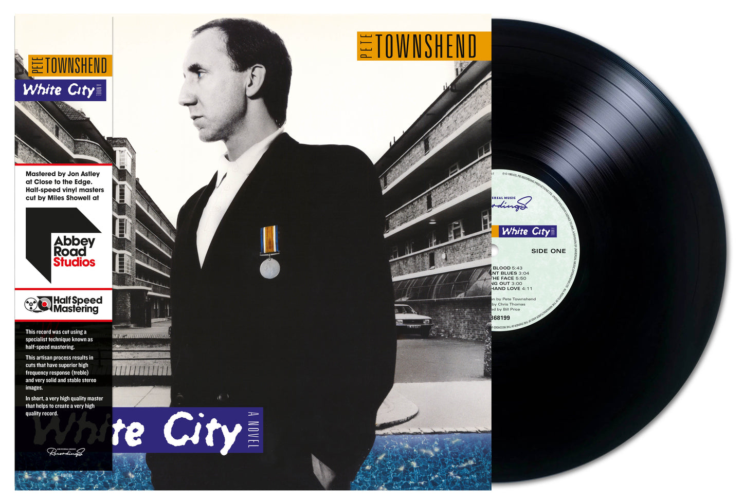 Pete Townshend’s “White City” vinyl record with portrait and building imagery.