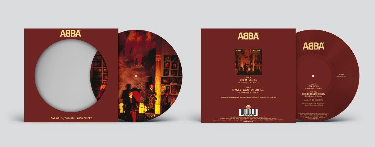 ABBA “One Of Us” vinyl record with red and white cover art.
