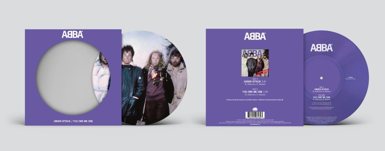 ABBA "Under Attack" vinyl record with band photo and tracklist details.
