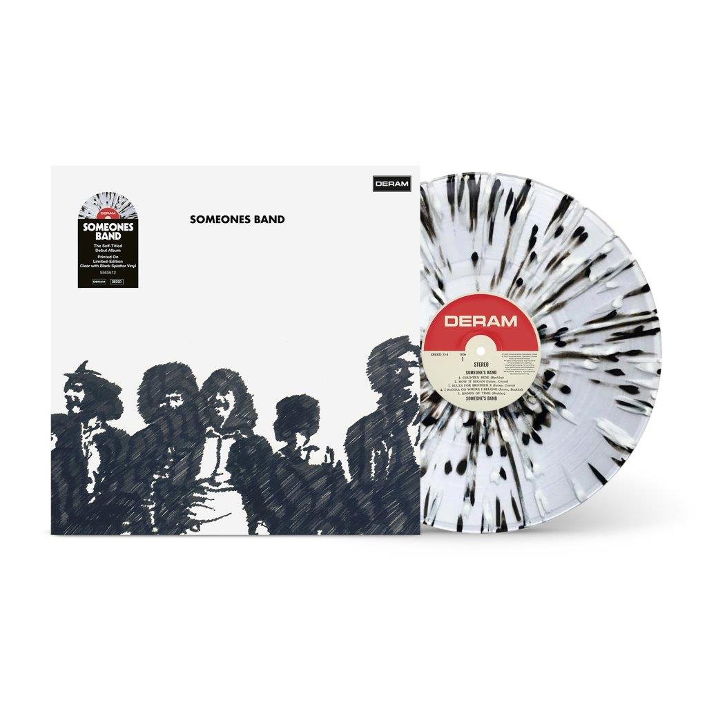 Vinyl record with black and white splatter pattern, band photo on cover.