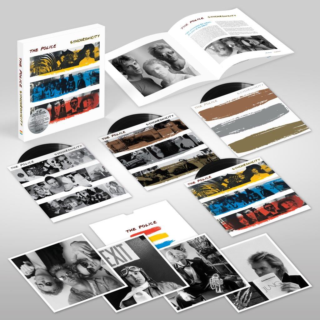 The Police's "Synchronicity" vinyl record, album artwork, and lyric sheets displayed.
