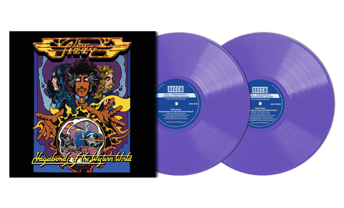 Purple vinyl record of Thin Lizzy’s “Vagabonds of the Western World” album.