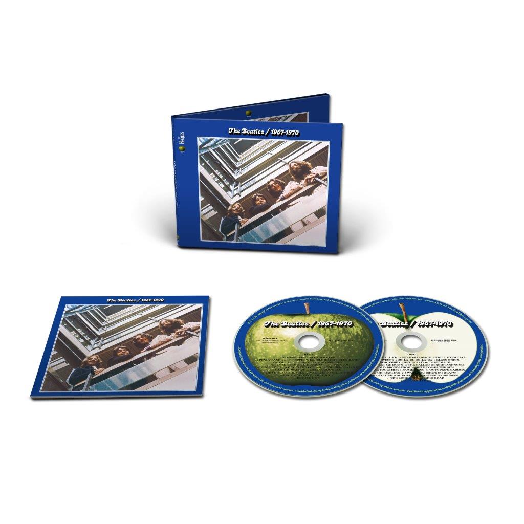 The Beatles 1967-1970 CD set with blue cover and booklet.