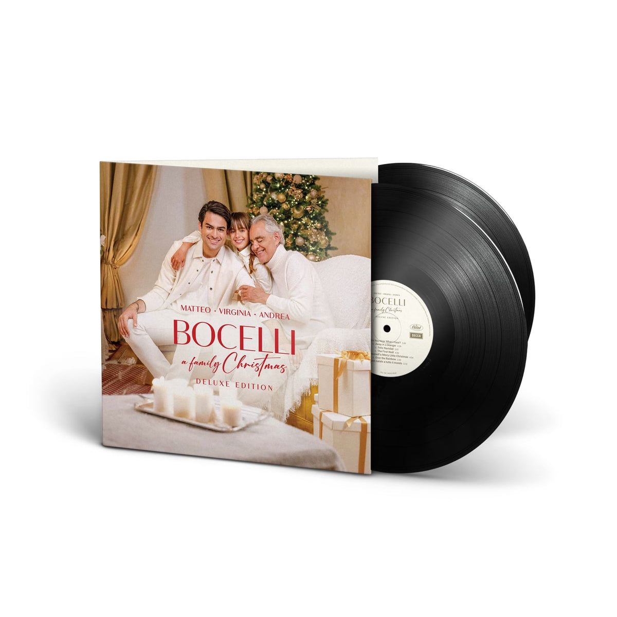 Vinyl record for “A Family Christmas” by Andrea, Matteo, and Virginia Bocelli.