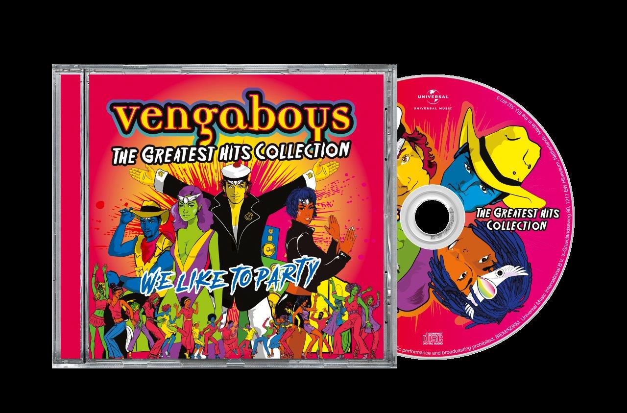 Vengaboys Greatest Hits Collection CD case and disc featuring colorful cartoon band members.