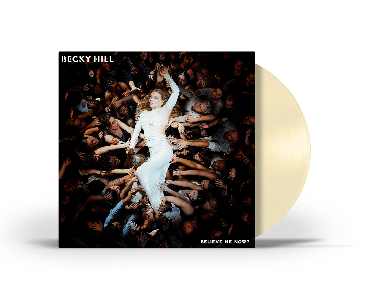 Becky Hill album cover with artist levitating above a crowd, vinyl record shown.