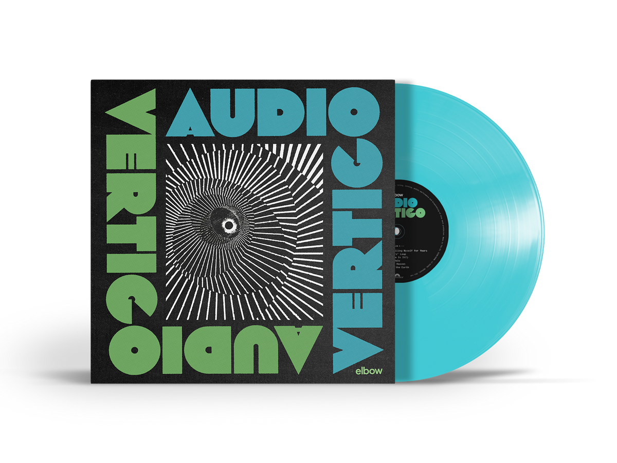Elbow’s “Audio Vertigo” vinyl record with abstract cover art and blue disc.