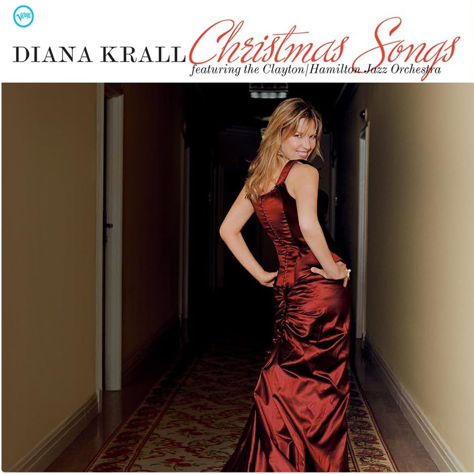 Diana Krall album cover, featuring her in a red gown in a hallway.