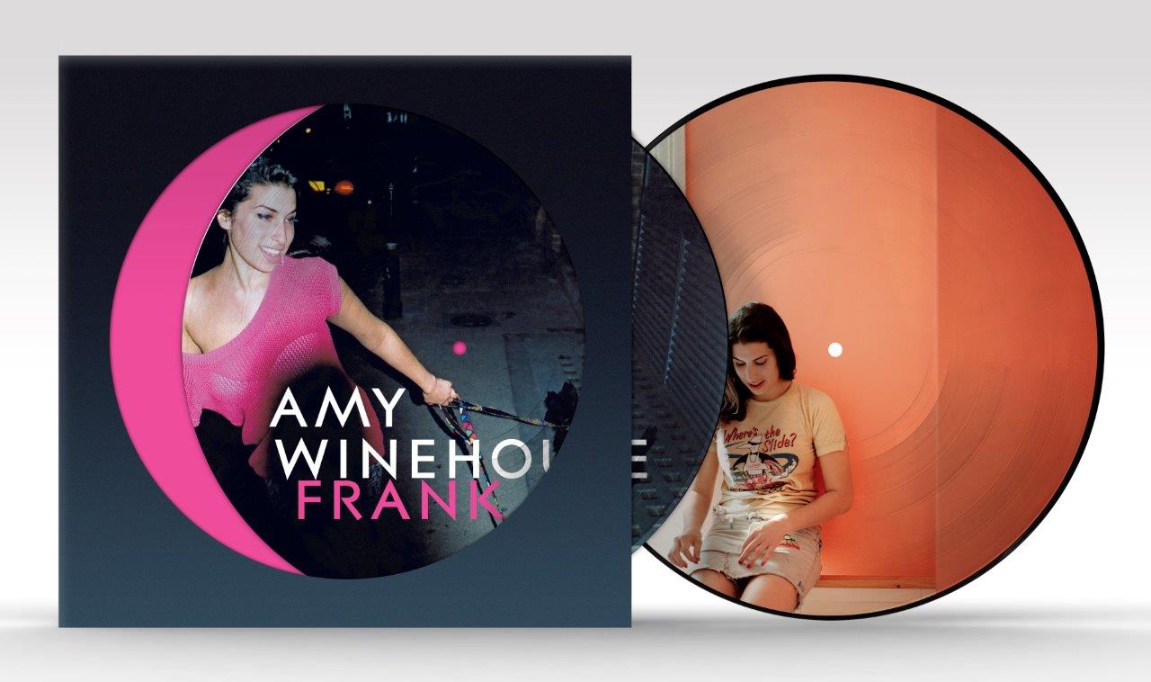 Amy Winehouse "Frank" vinyl record cover with pink and navy design.