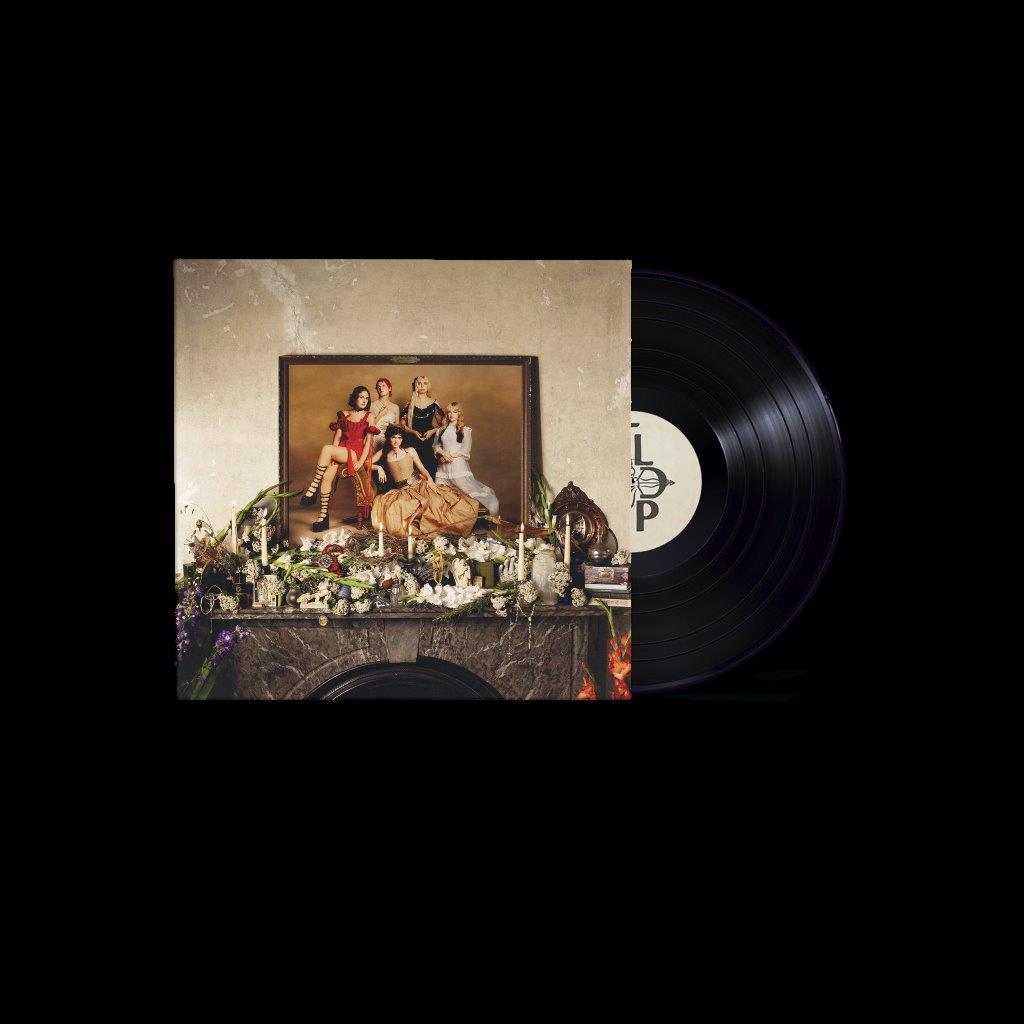 Vinyl record and album cover featuring a portrait of five women above a fireplace.