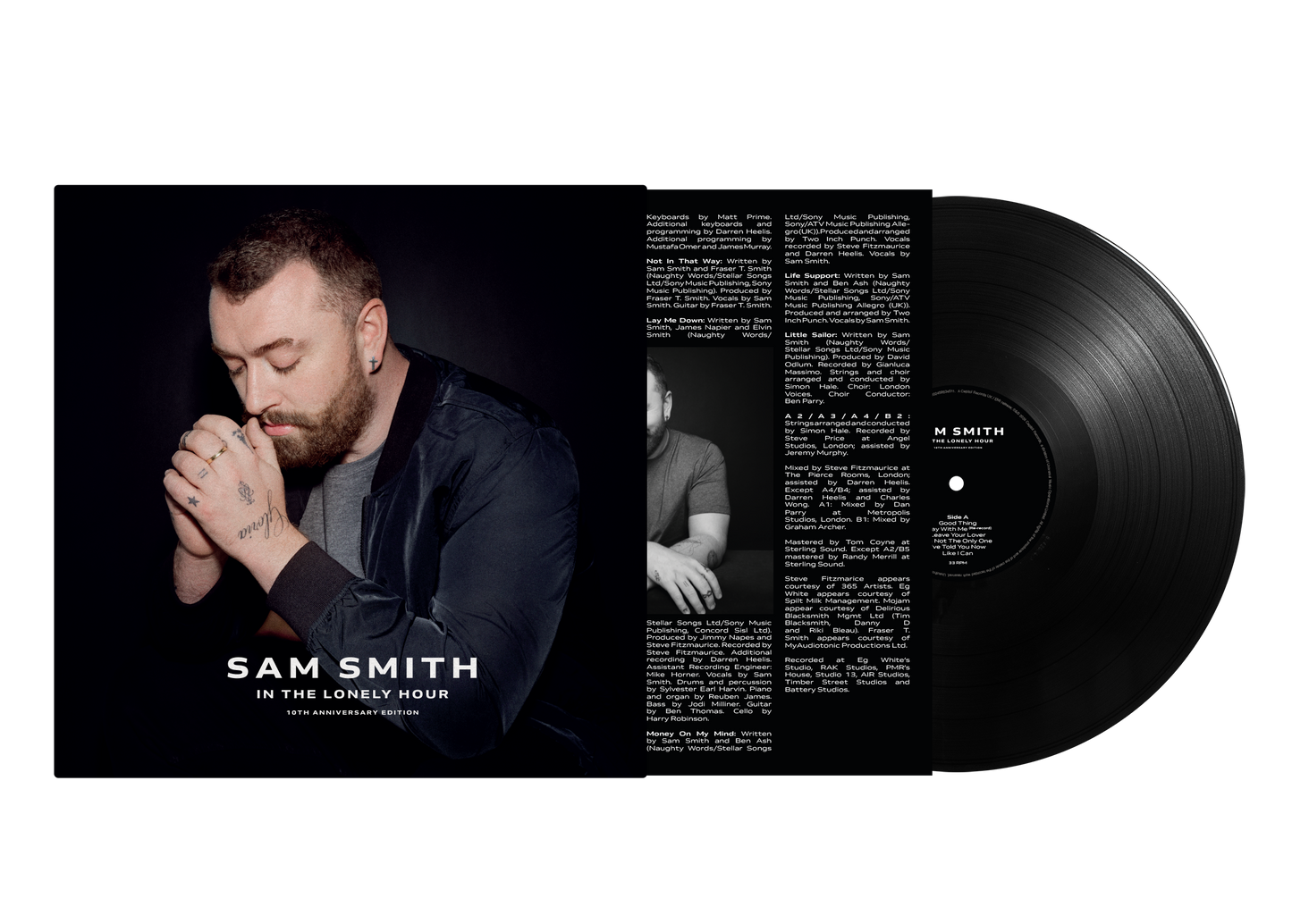 Sam Smith's "In The Lonely Hour" vinyl record, black disc with white text.