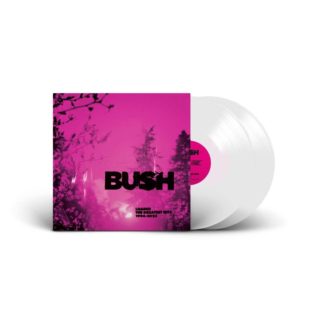White vinyl LP of Bush’s “Loaded” with pink cover art and tree branches.