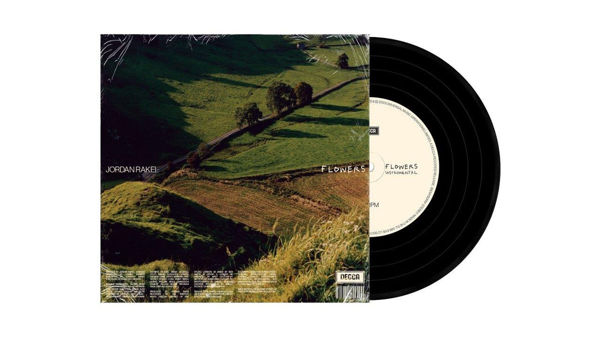 Jordan Rakei "Flowers" vinyl record with a field landscape cover.