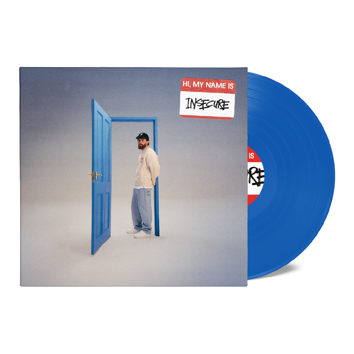 Blue vinyl record with album art of a man standing in a doorway.