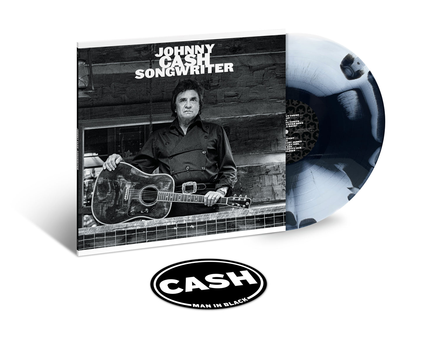 Johnny Cash "Songwriter" vinyl record with cover art and record detail.