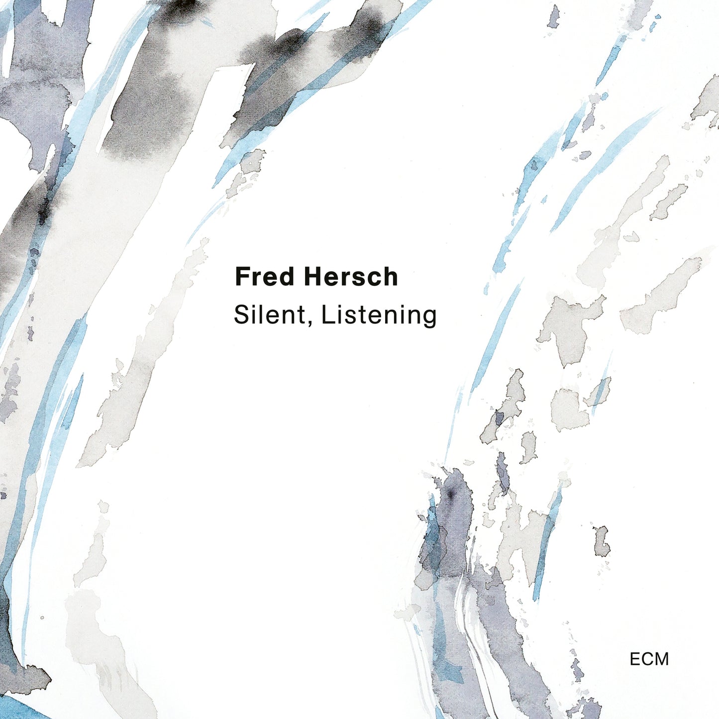 Album cover with abstract gray and blue watercolor strokes on a white background.