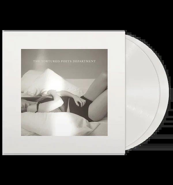 Taylor Swift's "The Tortured Poets Department" vinyl record with a woman in bed.