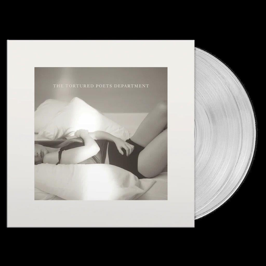 Taylor Swift’s “The Tortured Poets Department” vinyl record with grayscale cover art.