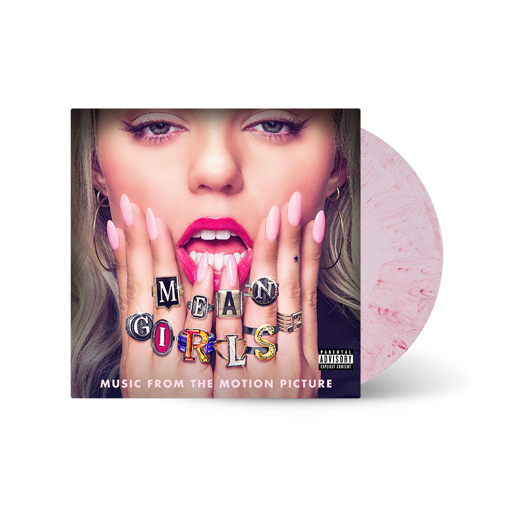 Rene Rapp’s “Mean Girls” vinyl record with a portrait and pink swirl.