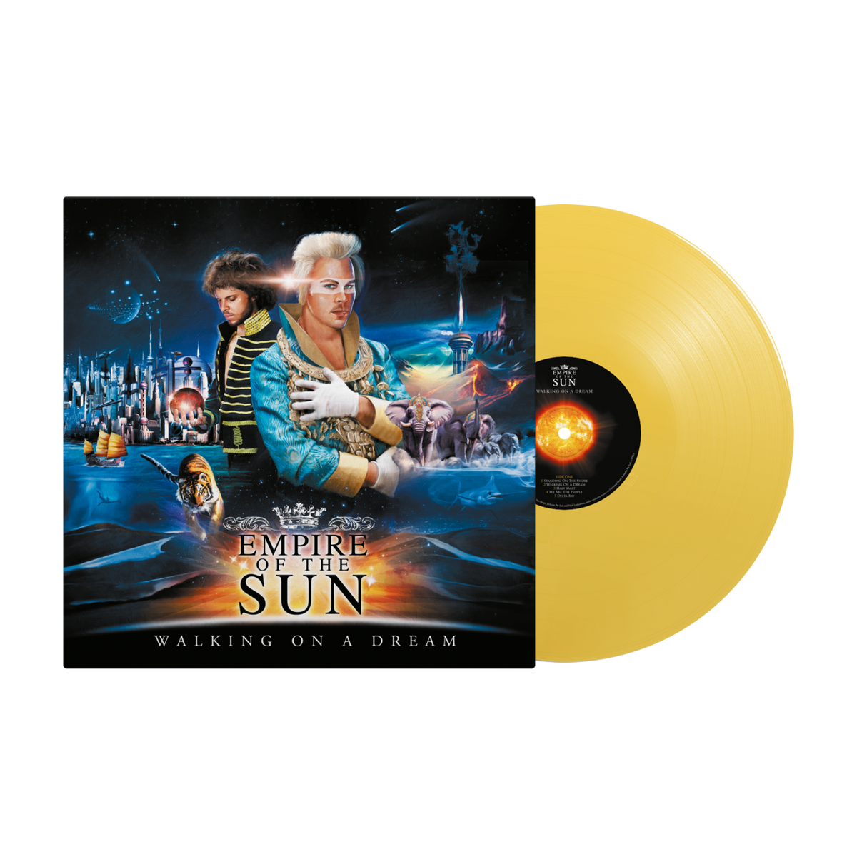 Mustard yellow "Walking On A Dream" vinyl record with album artwork visible.