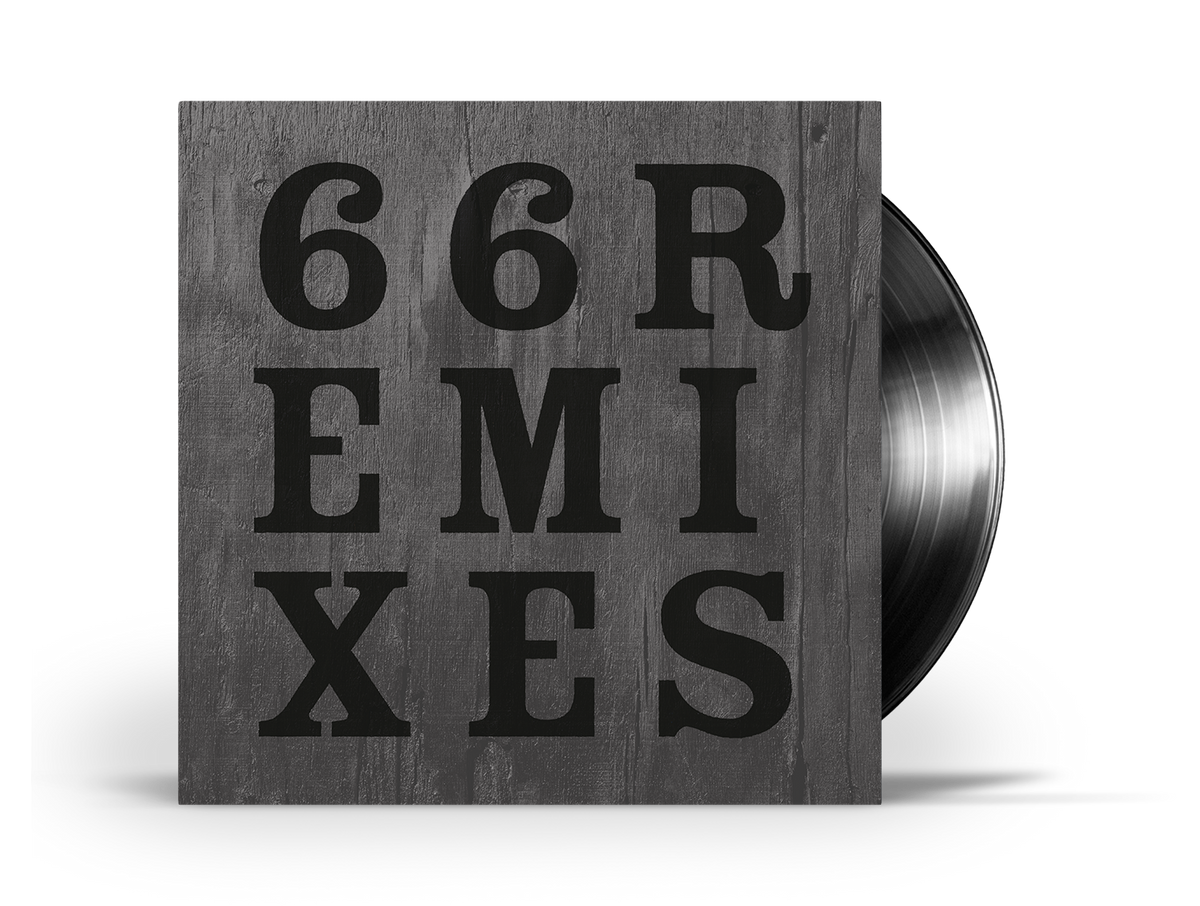 Vinyl record with black cover displaying large white “66R” and “REMIXES” text.