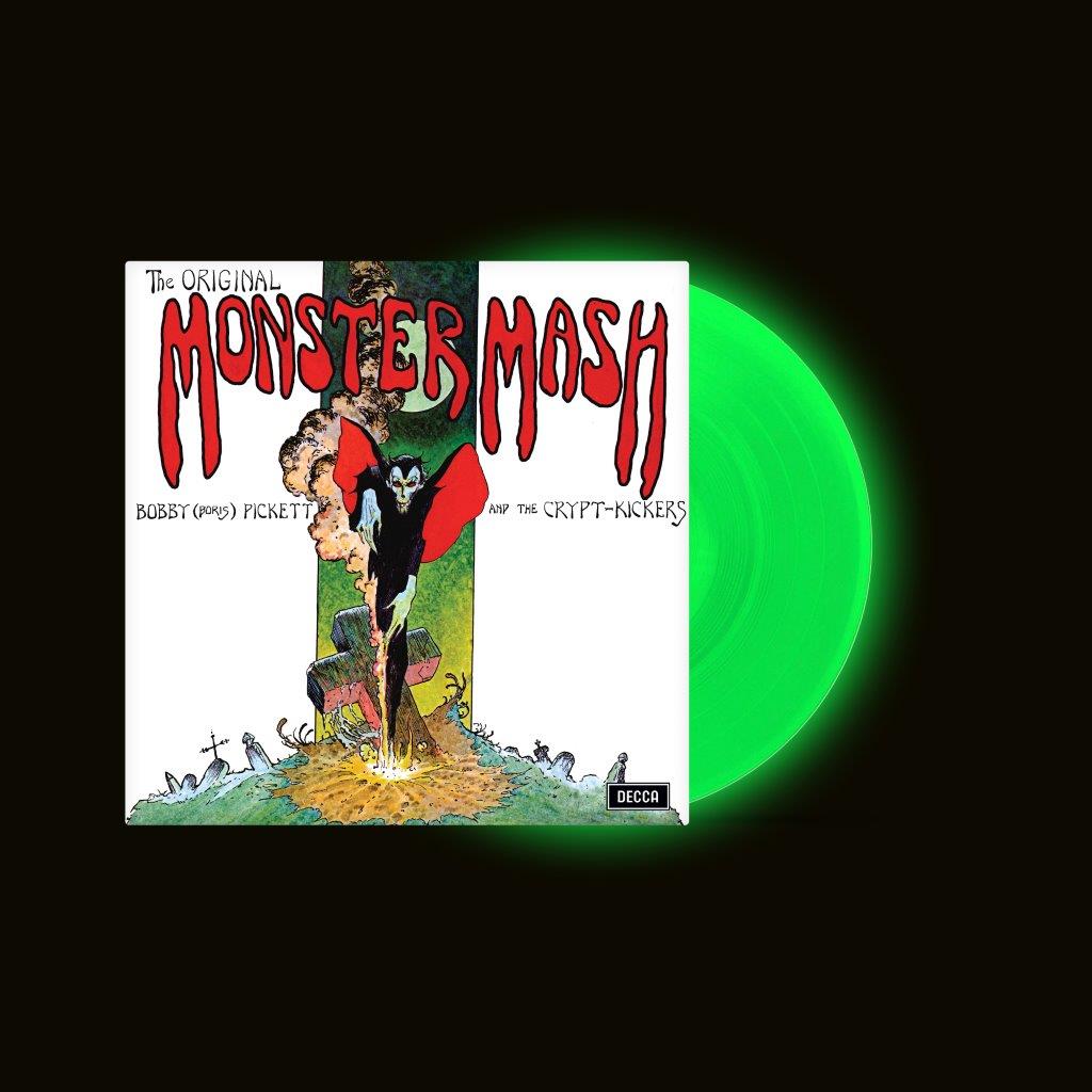 “Monster Mash” vinyl record with green glow and illustrated cover art.