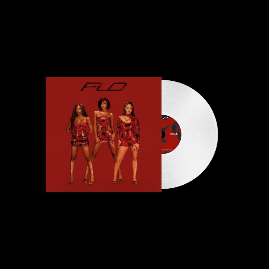 FLO" album cover with three women in red dresses and a white vinyl record.