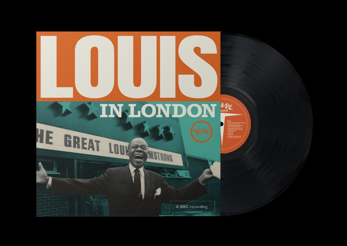 Louis Armstrong album "Louis In London" vinyl record with portrait cover.