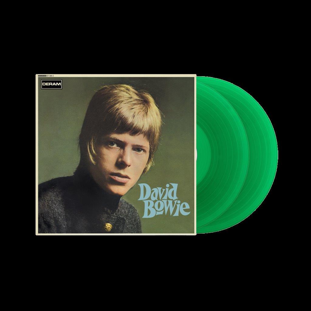 David Bowie’s debut album cover with two green vinyl records beside it.