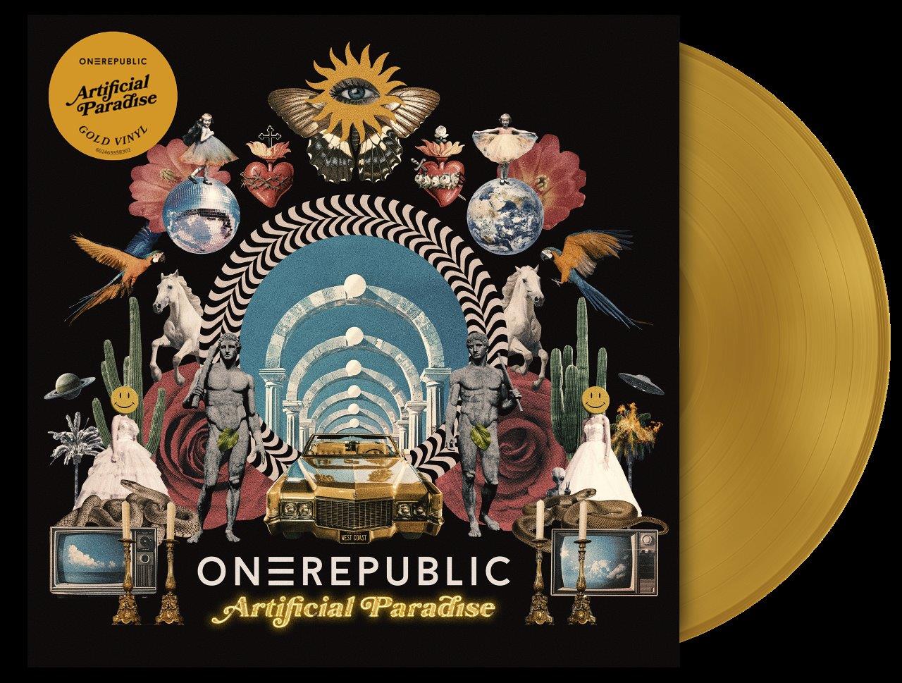 Gold vinyl record with surreal desert landscape and OneRepublic branding.