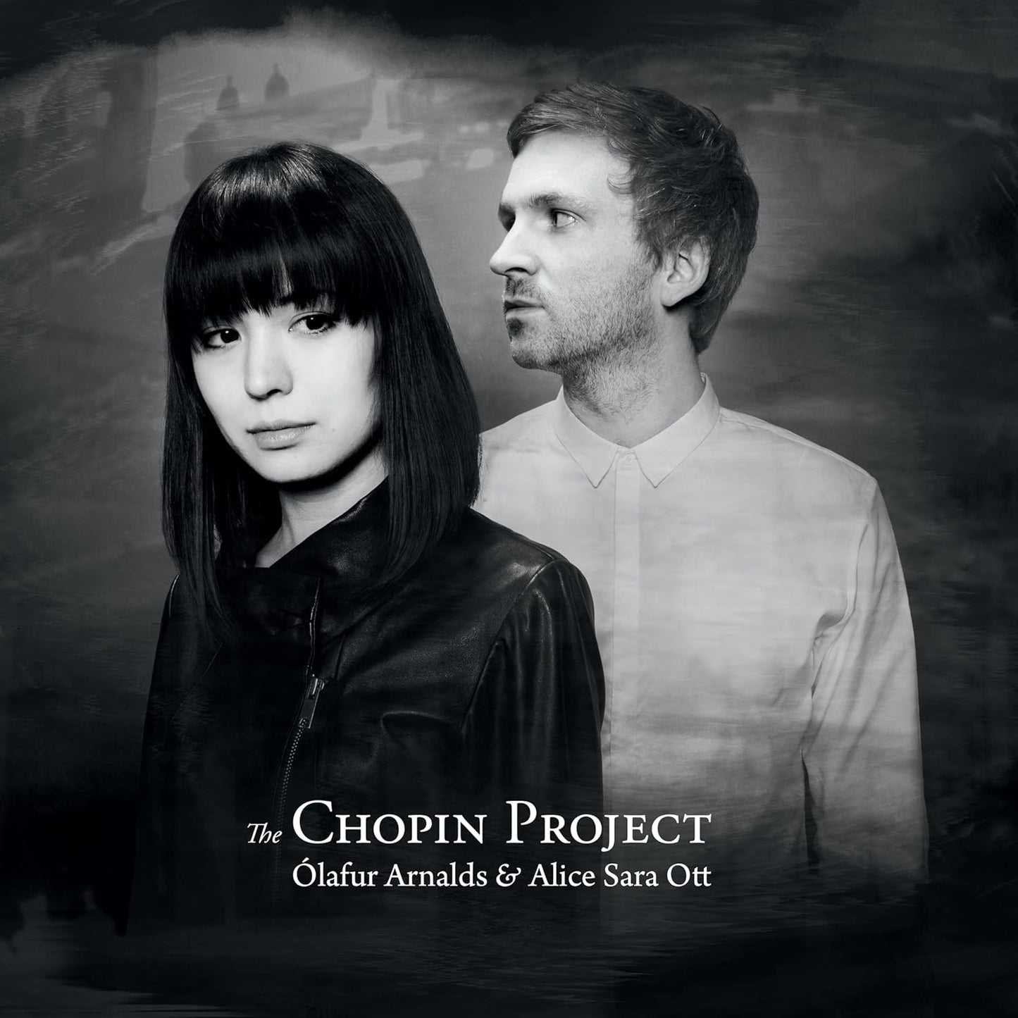 Black and white portrait of Ólafur Arnalds and Alice Sara Ott.