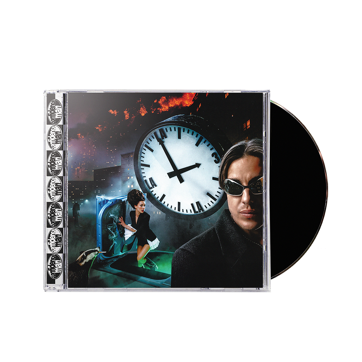 CD case with a man in sunglasses and a large clock image.