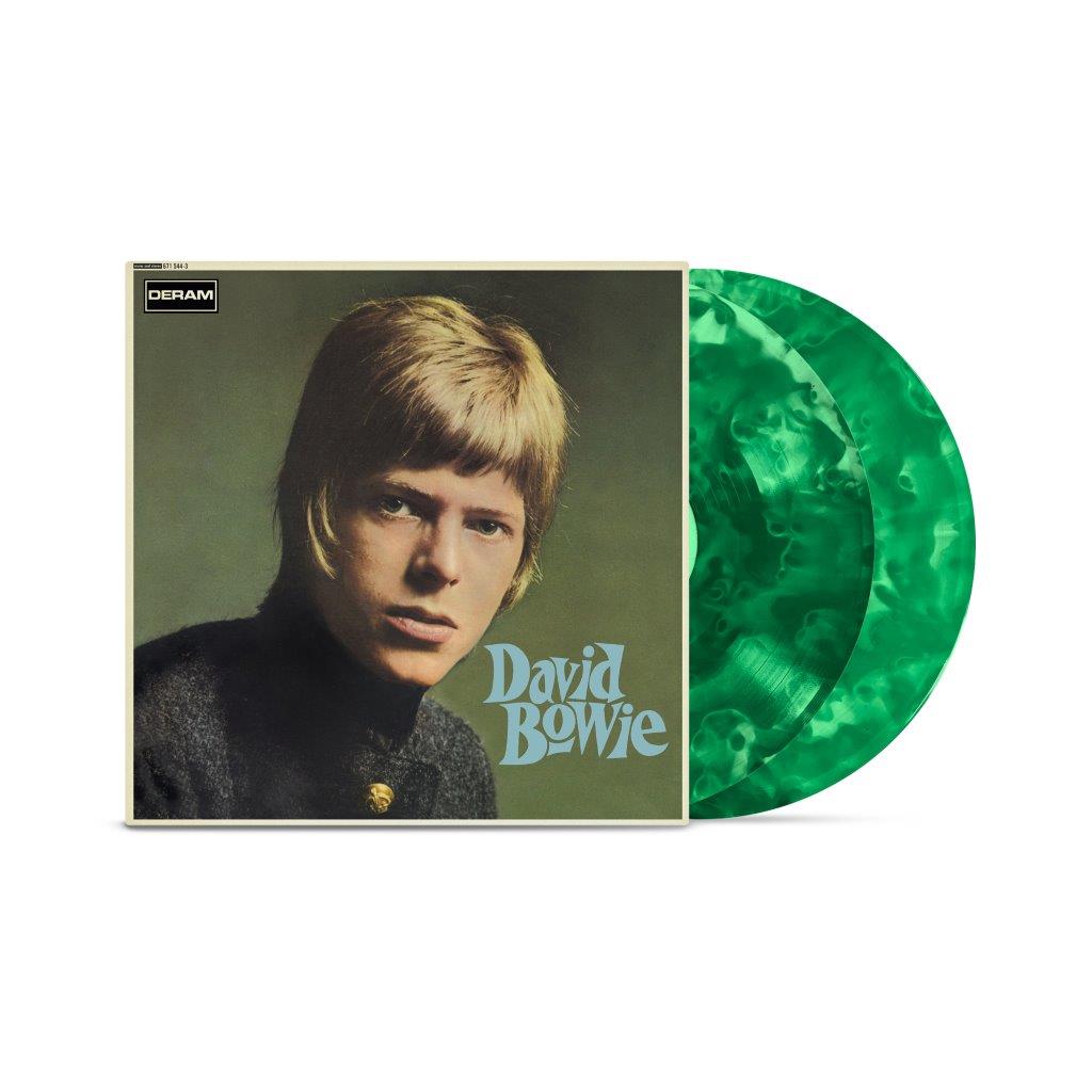 David Bowie self-titled album cover with a cloudy green vinyl record disc.