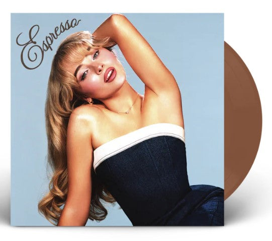 Sabrina Carpenter “Espresso” vinyl record cover with brown disc side.