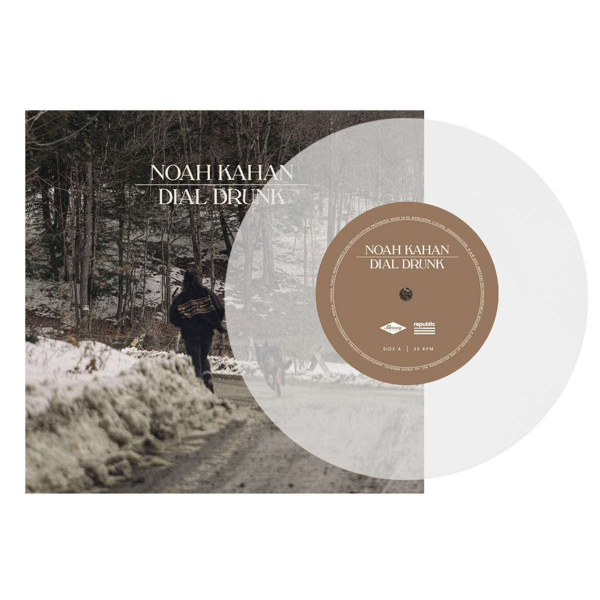 Noah Kahan āDial Drunkā vinyl record with a snowy forest image.