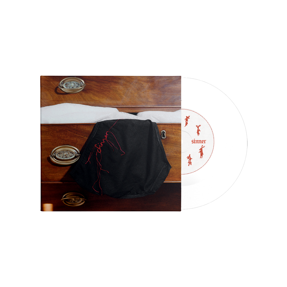 Vinyl record cover with a draped garment and red thread writing.