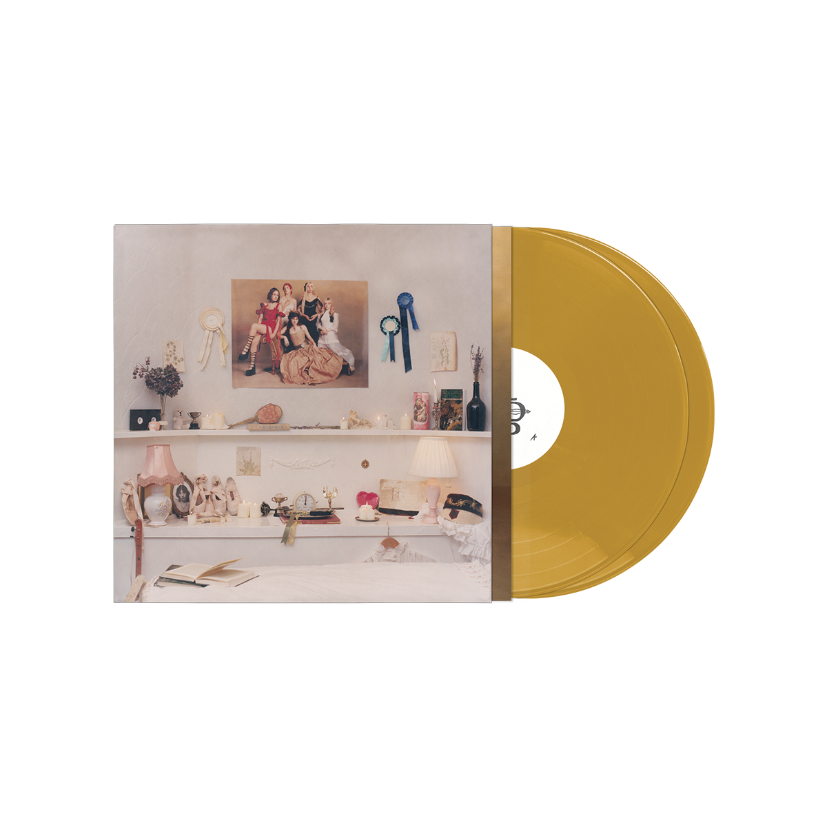 Yellow vinyl record with album cover depicting a room’s ornate shelf display.