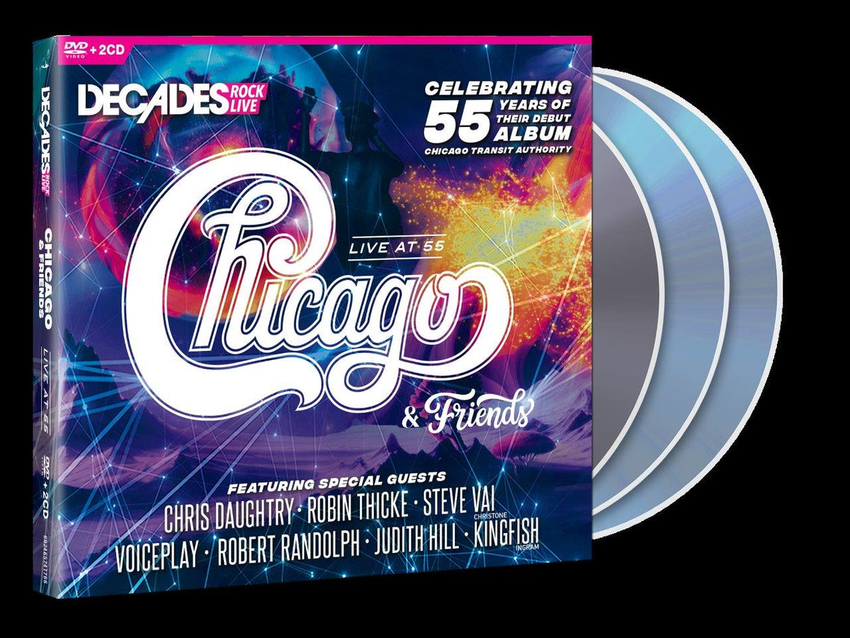 DVD cover for “Chicago & Friends: Live at 55” with blue starburst background.