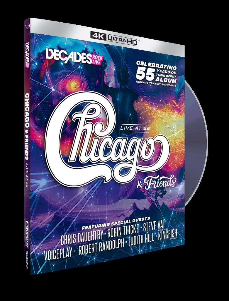 Blu-ray cover for "Chicago & Friends: Live at 55" concert recording.